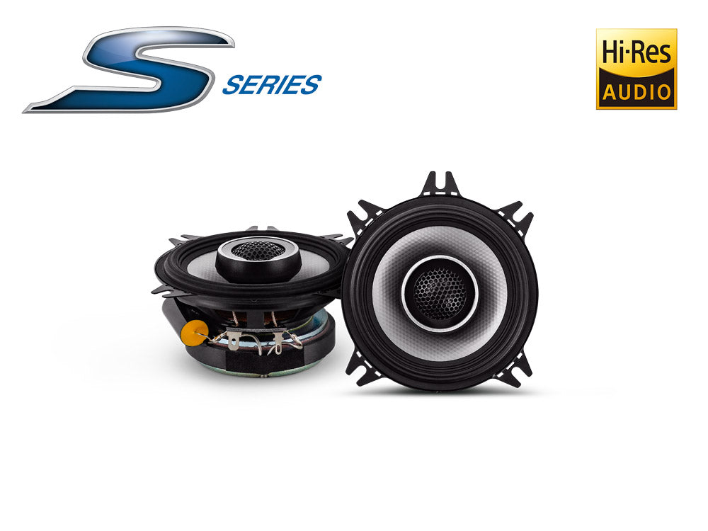 Alpine S2-S40 4-tums komponenthögtalare från S-Series, Hi-Res Audio-certifierad, visad framifrån och från sidan. Svart design med silverdetaljer och robust konstruktion för högkvalitativ ljudupplevelse.