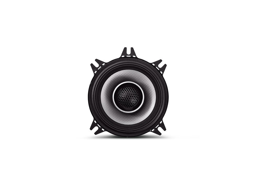 Alpine S2-S40 4-tums koaxialhögtalare från S-Series, visad framifrån. Svart design med silverdetaljer och en centrerad diskant för Hi-Res Audio-certifierad ljudkvalitet.