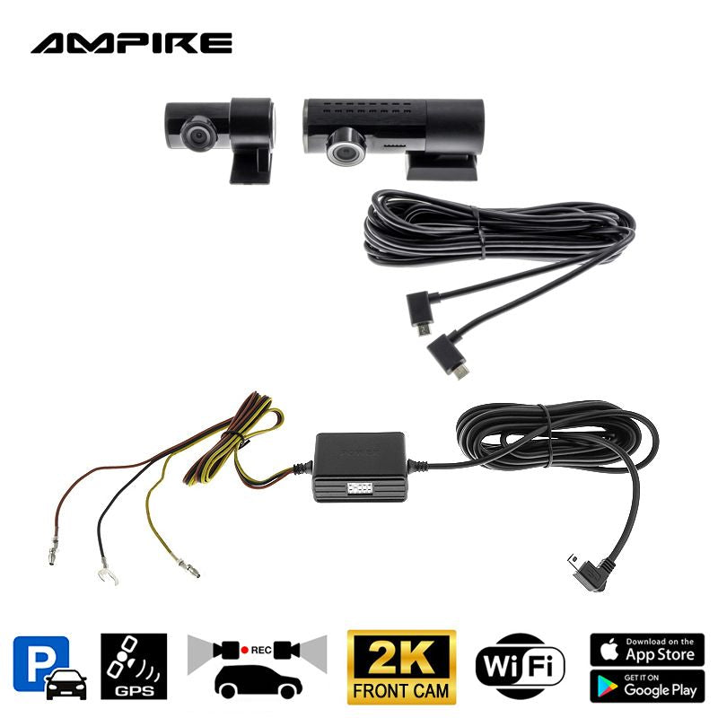 AMPIRE dual dashcam, 2K frontkamera och AHD bakkamera, WLAN och GPS 48436