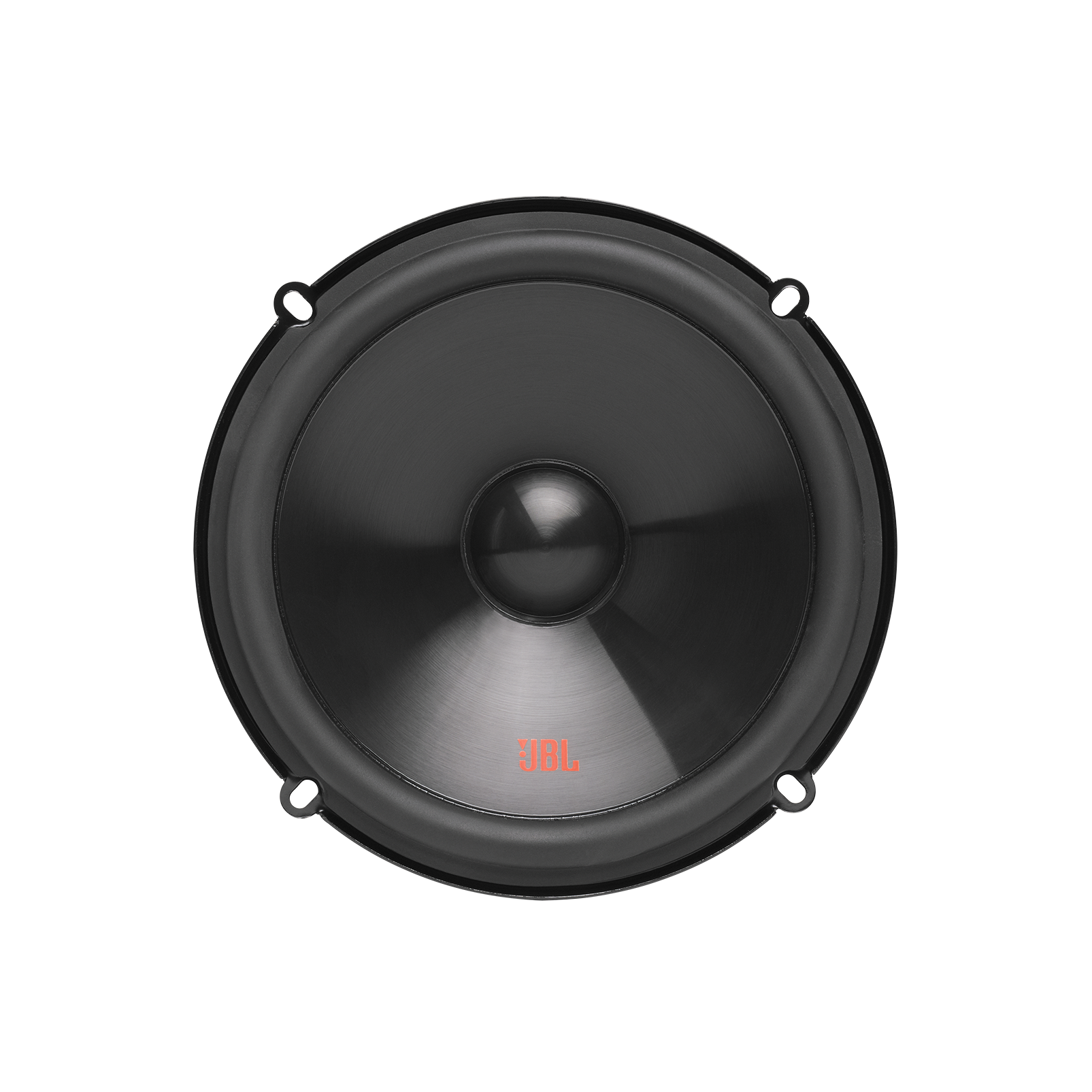 En svart JBL-högtalare i närbild, med en konformad design och JBL-logotypen i orange längst ner på konen.